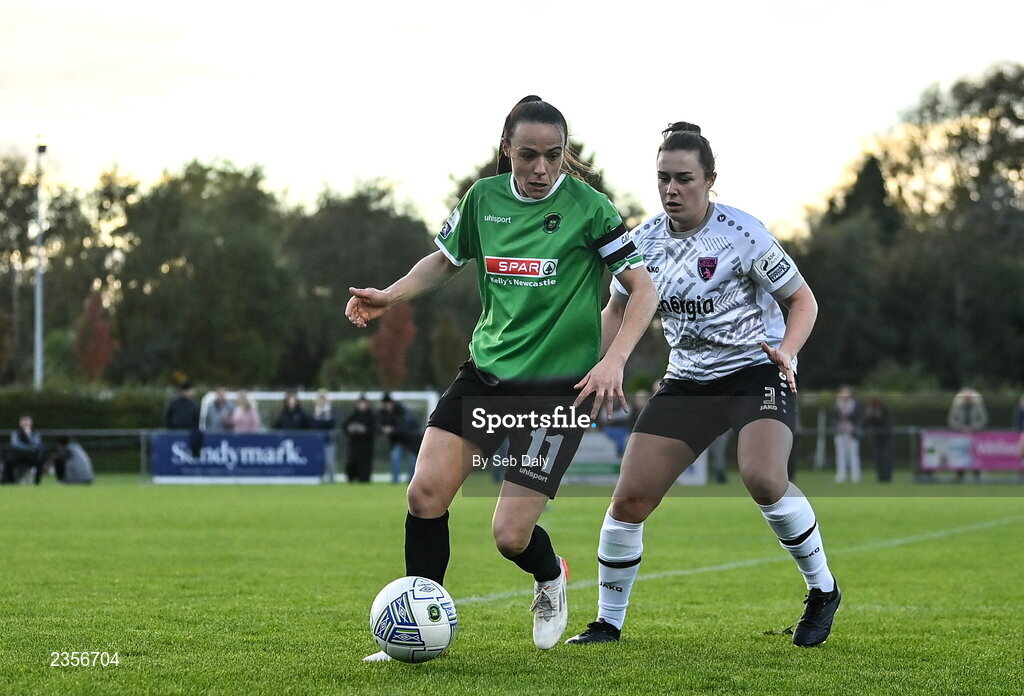 22 October 2022; Aine O'Gorman of Peamount United in action against Orlaith Conlon of Wexford Youths during the SSE Airtricity Women's National League match between Peamount United and Wexford Youths at PRL Park in Greenogue, Dublin. Photo by Seb Daly/Sportsfile