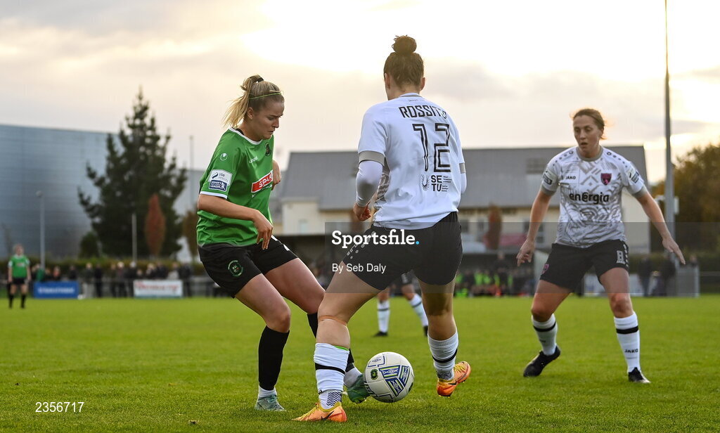22 October 2022; Erin McLaughlin of Peamount United in action against Ciara Rossiter of Wexford Youths during the SSE Airtricity Women's National League match between Peamount United and Wexford Youths at PRL Park in Greenogue, Dublin. Photo by Seb Daly/Sportsfile