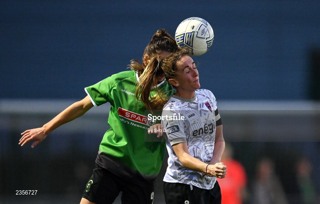 22 October 2022; Kylie Murphy of Wexford Youths in action against Karen Duggan of Peamount United during the SSE Airtricity Women's National League match between Peamount United and Wexford Youths at PRL Park in Greenogue, Dublin. Photo by Seb Daly/Sportsfile