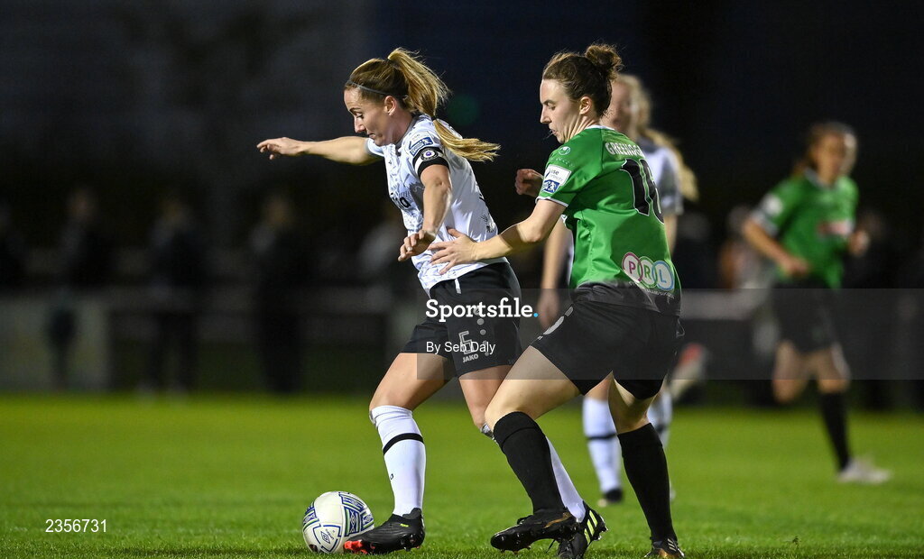 22 October 2022; Kylie Murphy of Wexford Youths in action against Karen Duggan of Peamount United during the SSE Airtricity Women's National League match between Peamount United and Wexford Youths at PRL Park in Greenogue, Dublin. Photo by Seb Daly/Sportsfile