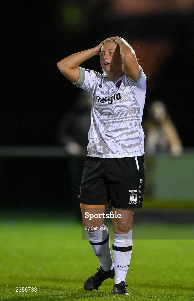 22 October 2022; Nicola Sinnott of Wexford Youths reacts during the SSE Airtricity Women's National League match between Peamount United and Wexford Youths at PRL Park in Greenogue, Dublin. Photo by Seb Daly/Sportsfile