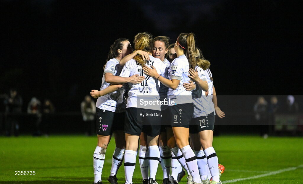 22 October 2022; Kylie Murphy of Wexford Youths celebrates with teammates after scoring their side's second goal during the SSE Airtricity Women's National League match between Peamount United and Wexford Youths at PRL Park in Greenogue, Dublin. Photo by Seb Daly/Sportsfile
