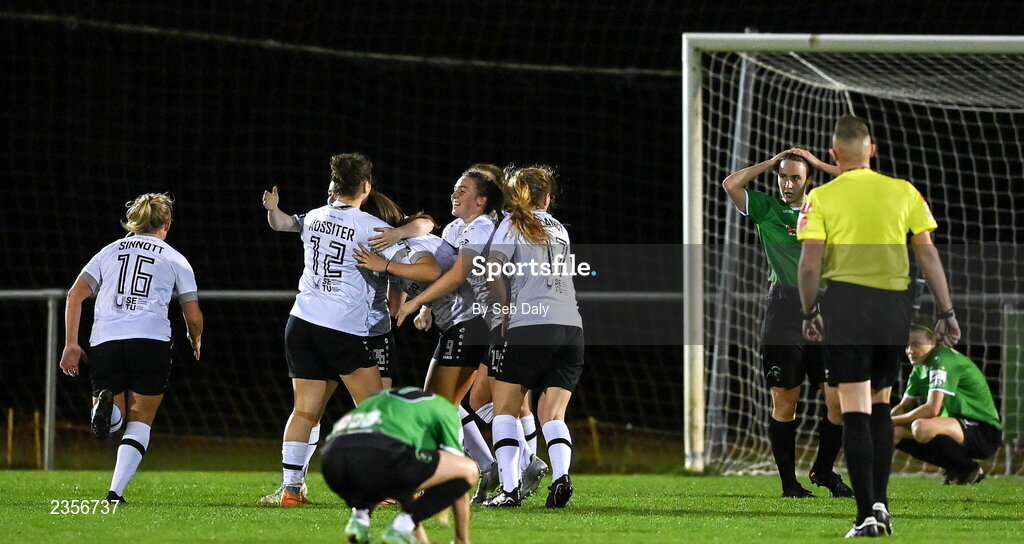 22 October 2022; Wexford Youths players celebrate their side's third goal during the SSE Airtricity Women's National League match between Peamount United and Wexford Youths at PRL Park in Greenogue, Dublin. Photo by Seb Daly/Sportsfile