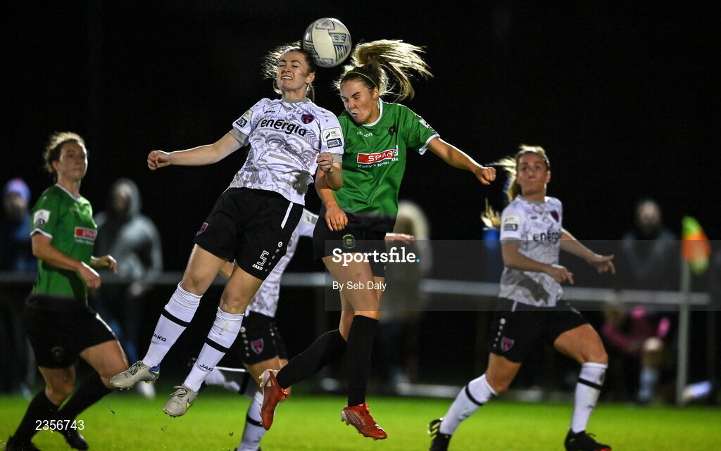 22 October 2022; Lauren Dwyer of Wexford Youths in action against Chloe Moloney of Peamount United during the SSE Airtricity Women's National League match between Peamount United and Wexford Youths at PRL Park in Greenogue, Dublin. Photo by Seb Daly/Sportsfile