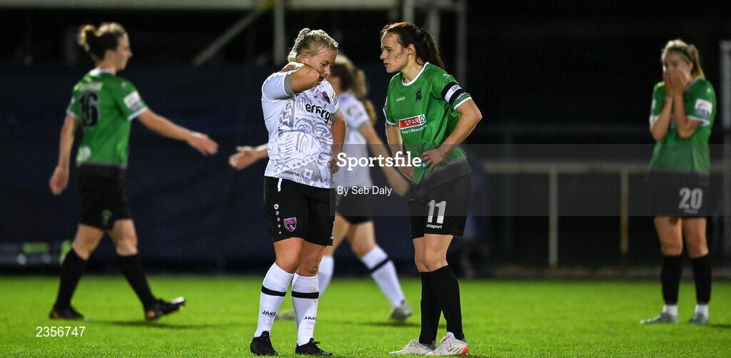 22 October 2022; Nicola Sinnott of Wexford Youths and Aine O'Gorman of Peamount United after the SSE Airtricity Women's National League match between Peamount United and Wexford Youths at PRL Park in Greenogue, Dublin. Photo by Seb Daly/Sportsfile