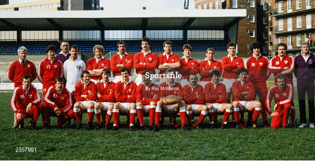 5 March 1983; The Wales team, back row, from left, Coach John Bevan, substitute Gareth Davies, touch judge Alan Welsby, referee John Trigg, Graham Price, Jeff Squire, Bob Norster, John Perkins, Robert Ackerman, Staff Jones, David Pickering, substitute Mark Douglas, substitute Ian Stephens, touch judge Roger Quittenton with front  row, from left: substitute Gwyn Evans, substitute Kerry Townley, Elgan Rees, Malcolm Dacey, Mark Wyatt, Terry Holmes, captain Eddie Butler, Clive Rees, David Richards, Billy James, and substitute Gareth Roberts before the Five Nations Rugby Championship match between Wales and Ireland at the Cardiff Arms Park in Cardiff, Wales. Photo by Ray McManus/Sportsfile