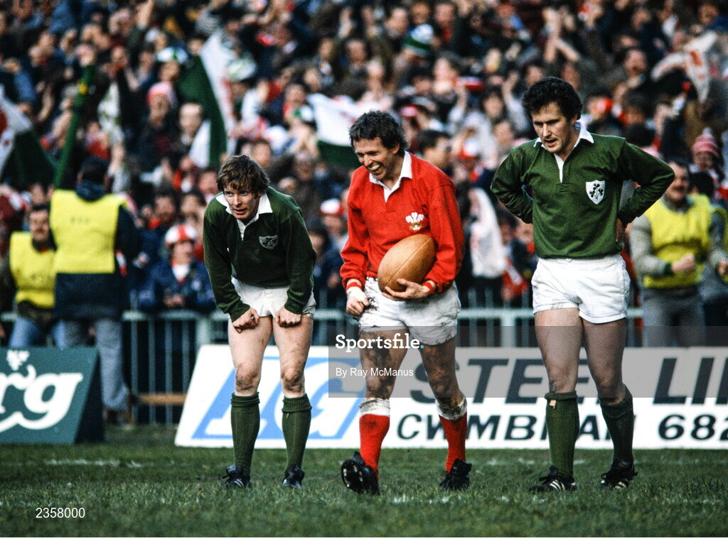 5 March 1983; Elgan Rees of Wales celebrates after scoring his side's third try as a dejected Ollie Campbell, left, and Moss Finn of Ireland look on during the Five Nations Rugby Championship match between Wales and Ireland at the Cardiff Arms Park in Cardiff, Wales. Photo by Ray McManus/Sportsfile