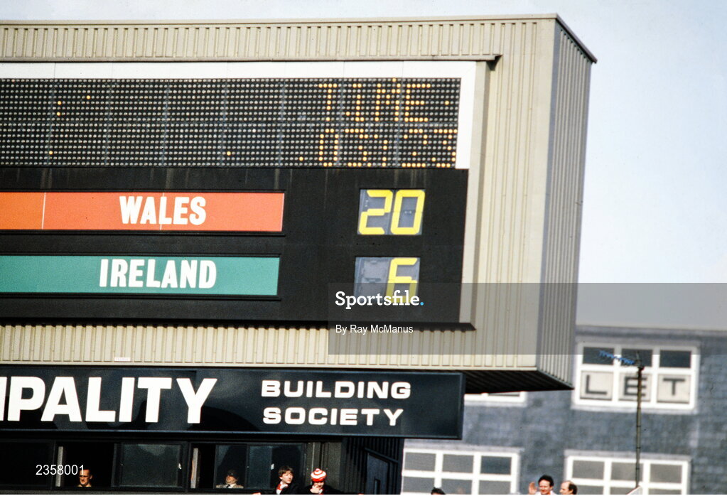 5 March 1983; A general view of the big screen showing the final score in the Five Nations Rugby Championship match between Wales and Ireland at the Cardiff Arms Park in Cardiff, Wales. Photo by Ray McManus/Sportsfile