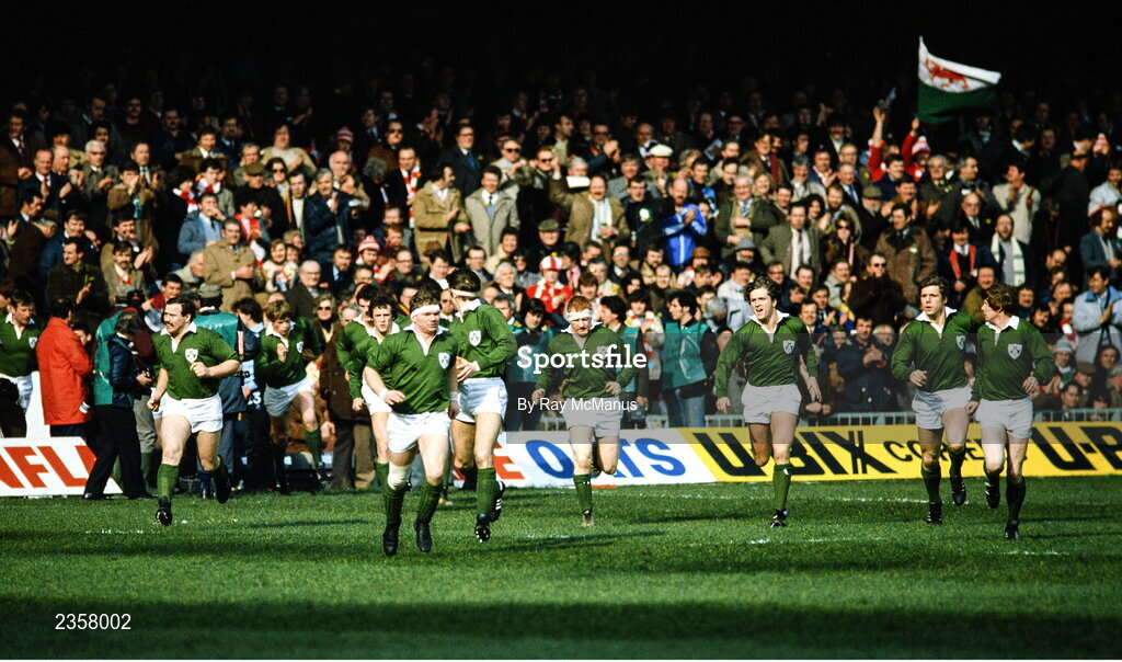 5 March 1983; Ireland players, from left, Phil Orr, Ciaran Fitzgerald, Gerry 'Ginger' McLoughlin, Hugo MacNeill, Fergus Slattery and Ollie Campbell run onto the pitch before the Five Nations Rugby Championship match between Wales and Ireland at the Cardiff Arms Park in Cardiff, Wales. Photo by Ray McManus/Sportsfile