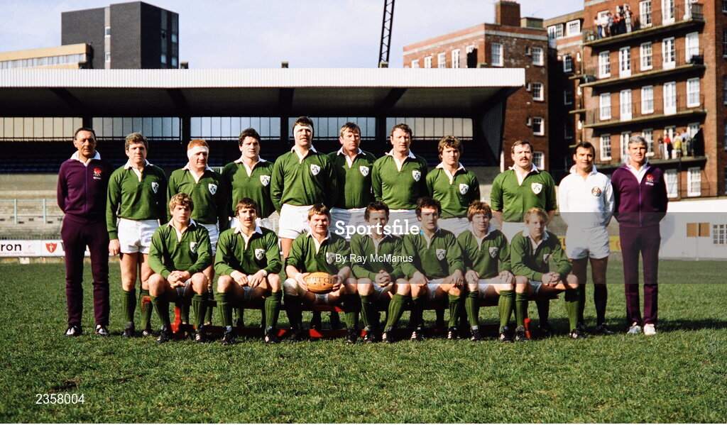 5 March 1983; The Ireland team, back row, from left, touch judge Alan Welsby, Fergus Slattery, Gerry 'Ginger' McLoughlin, John O' Driscoll, Donal Lenihan, Moss Keane, Willie Duggan, Hugo MacNeill, Phil Orr, referee John Trigg, touch judge Roger Quittenton, with, front row, from left, Trevor Ringland, David Irwin, Ciaran Fitzgerald, Moss Finn, Michael Kiernan, Ollie Campbell and Robbie McGrath before the Five Nations Rugby Championship match between Wales and Ireland at the Cardiff Arms Park in Cardiff, Wales. Photo by Ray McManus/Sportsfile