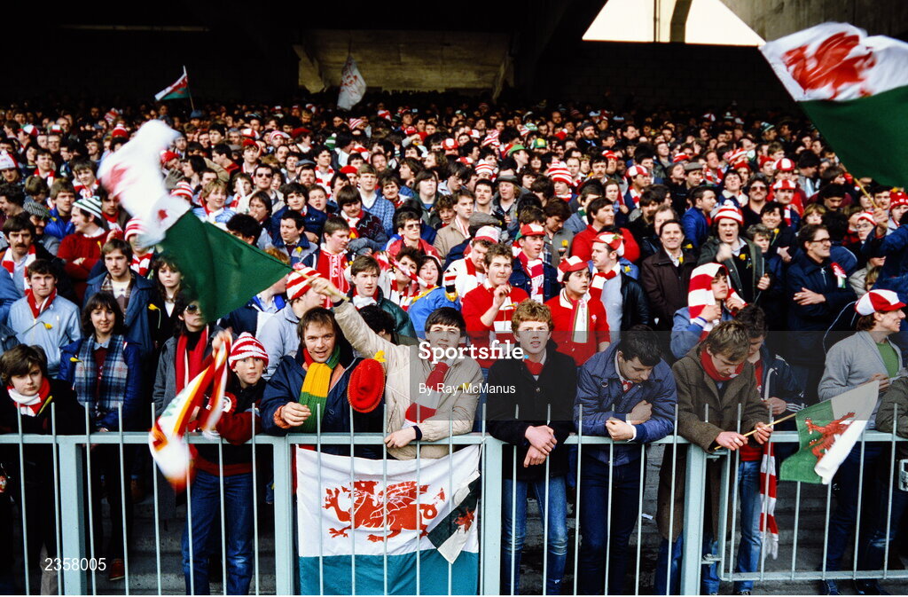 5 March 1983; Wales supporters before the Five Nations Rugby Championship match between Wales and Ireland at the Cardiff Arms Park in Cardiff, Wales. Photo by Ray McManus/Sportsfile