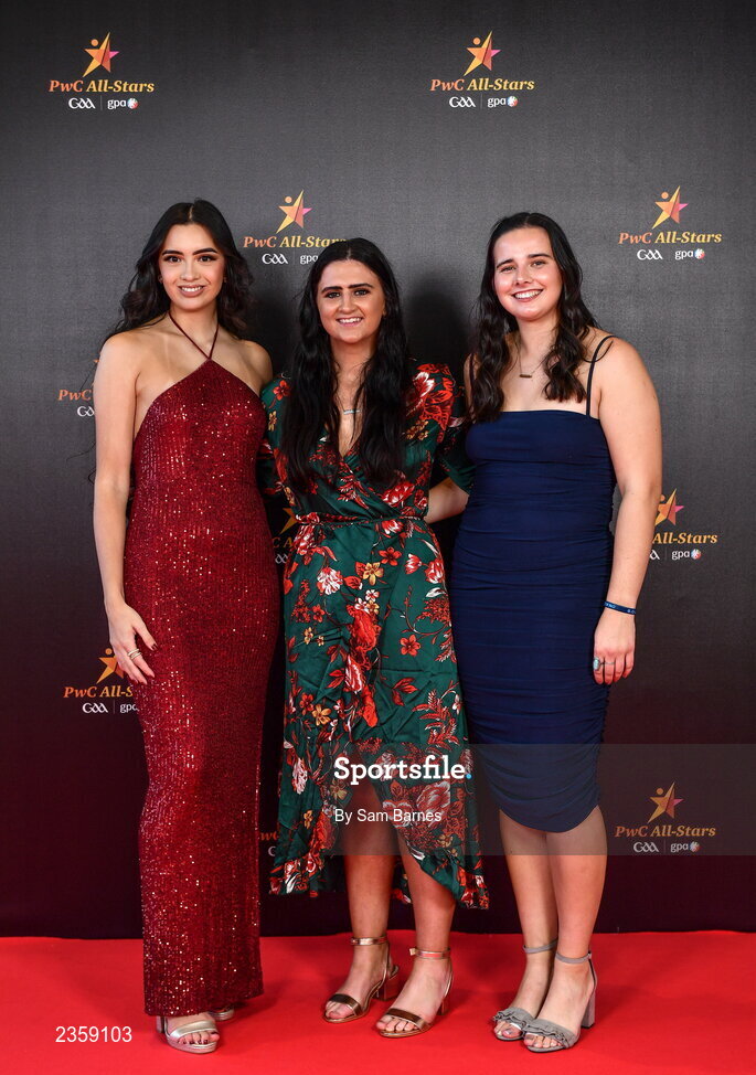 28 October 2022; Erica Kong, left, Croke Park finance, Claire McDonagh, Croke Park communications, and Emily Browne, Croke Park child welfare on arrival at the PwC All-Stars Awards 2022 at the Convention Centre in Dublin. Photo by Sam Barnes/Sportsfile