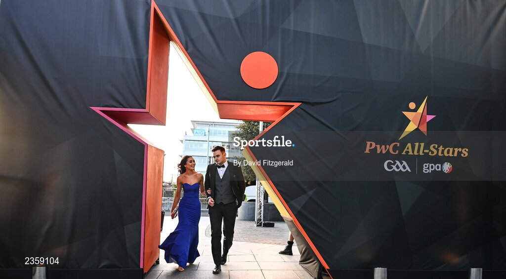 28 October 2022; Cillian McDaid of Galway and Niamh Mannion on arrival at the PwC All-Stars Awards 2022 at the Convention Centre in Dublin. Photo by David Fitzgerald/Sportsfile