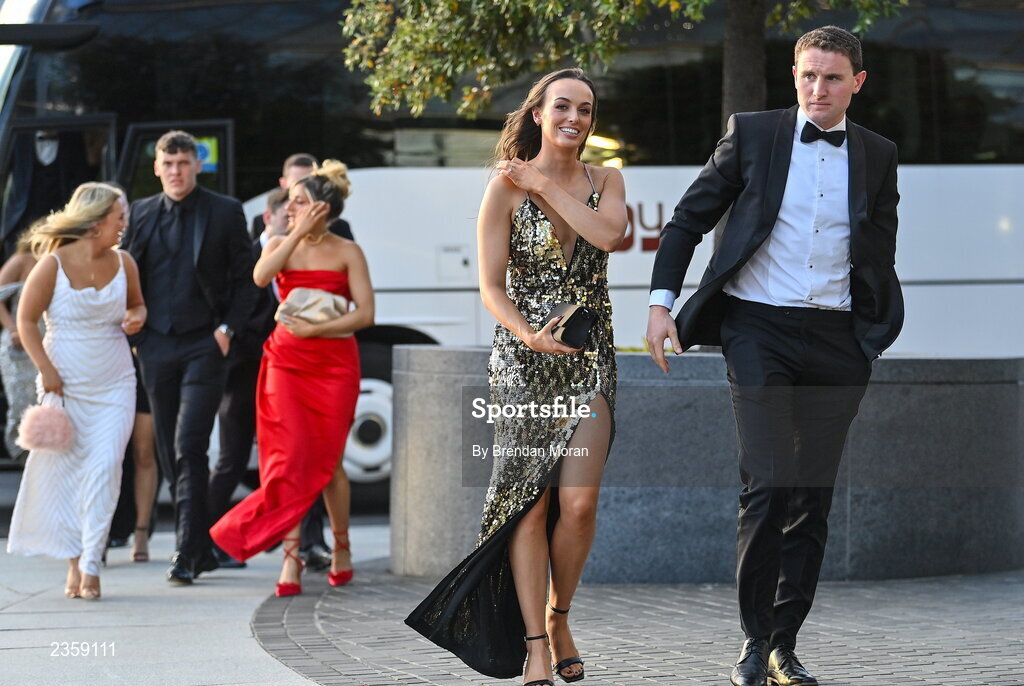 28 October 2022; Tadhg Morley of Kerry and Ciara Breathnach on arrival at the PwC All-Stars Awards 2022 at the Convention Centre in Dublin. Photo by Brendan Moran/Sportsfile