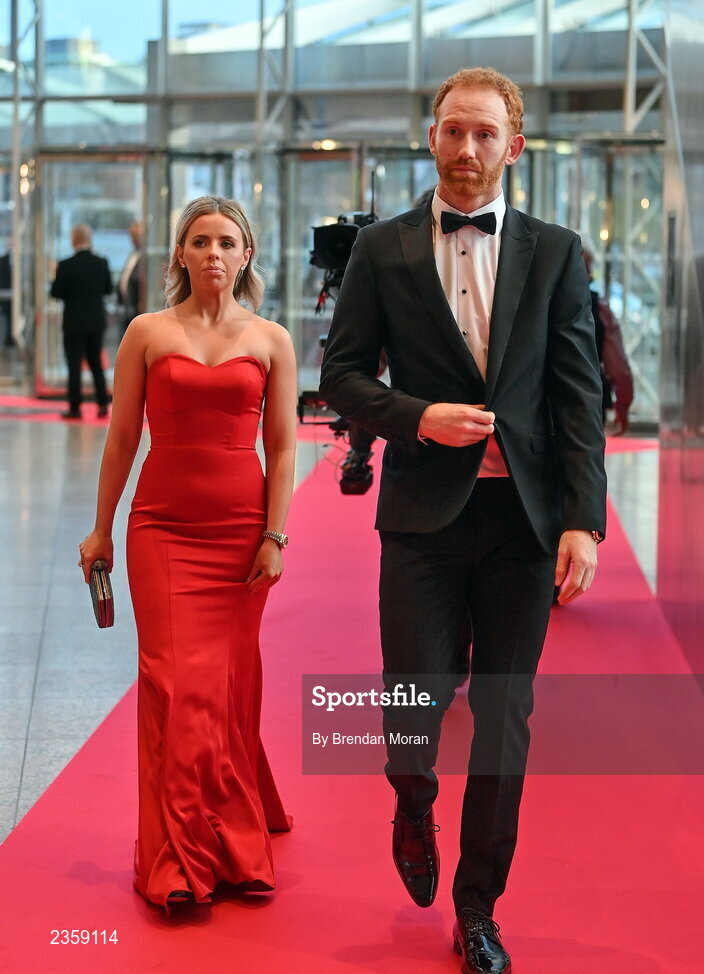 28 October 2022; Conor Glass of Derry and Niamh O'Donnell on arrival at the PwC All-Stars Awards 2022 at the Convention Centre in Dublin. Photo by Brendan Moran/Sportsfile