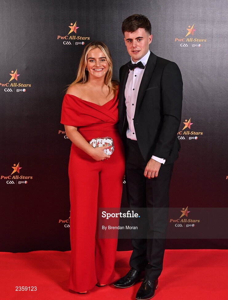 28 October 2022; Darragh Fitzgibbon of Cork and Clíodhna Hanley on arrival at the PwC All-Stars Awards 2022 at the Convention Centre in Dublin. Photo by Brendan Moran/Sportsfile