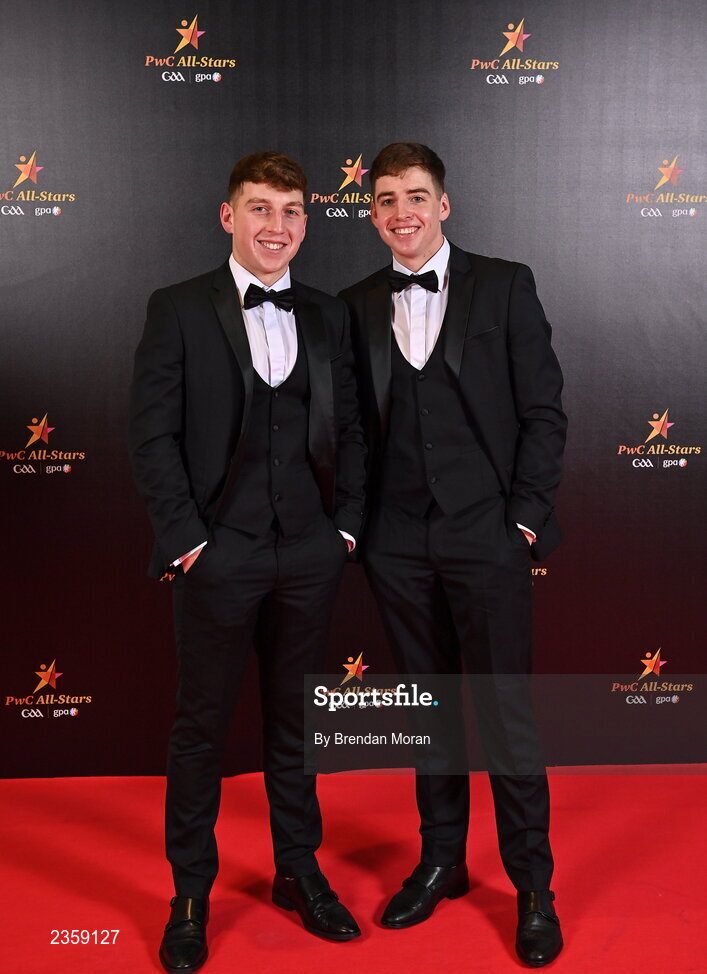 28 October 2022; Dónal Burke of Dublin, right, with his brother Kevin on arrival at the PwC All-Stars Awards 2022 at the Convention Centre in Dublin. Photo by Brendan Moran/Sportsfile