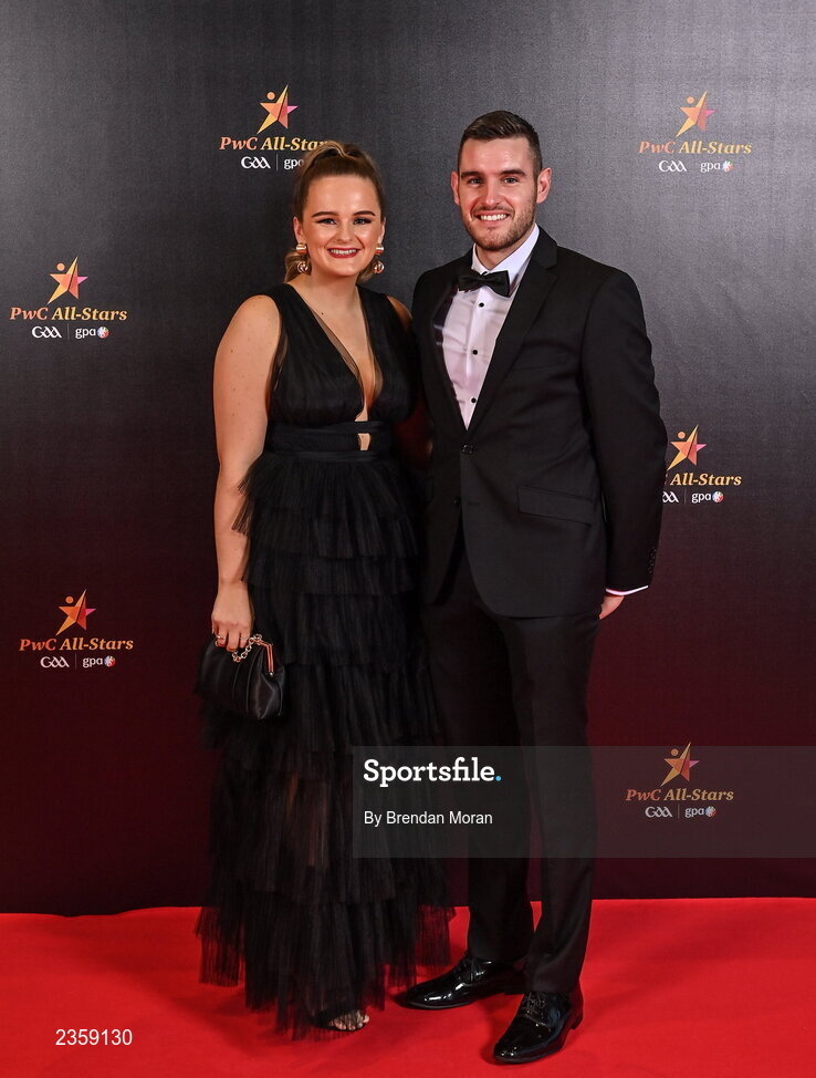 28 October 2022; Graham O’Sullivan of Kerry and Casey O'Donoghue on arrival at the PwC All-Stars Awards 2022 at the Convention Centre in Dublin. Photo by Brendan Moran/Sportsfile