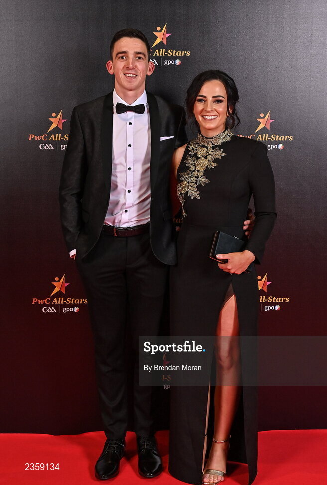 28 October 2022; Rory Grugan of Armagh and Michelle Grugan on arrival at the PwC All-Stars Awards 2022 at the Convention Centre in Dublin. Photo by Brendan Moran/Sportsfile