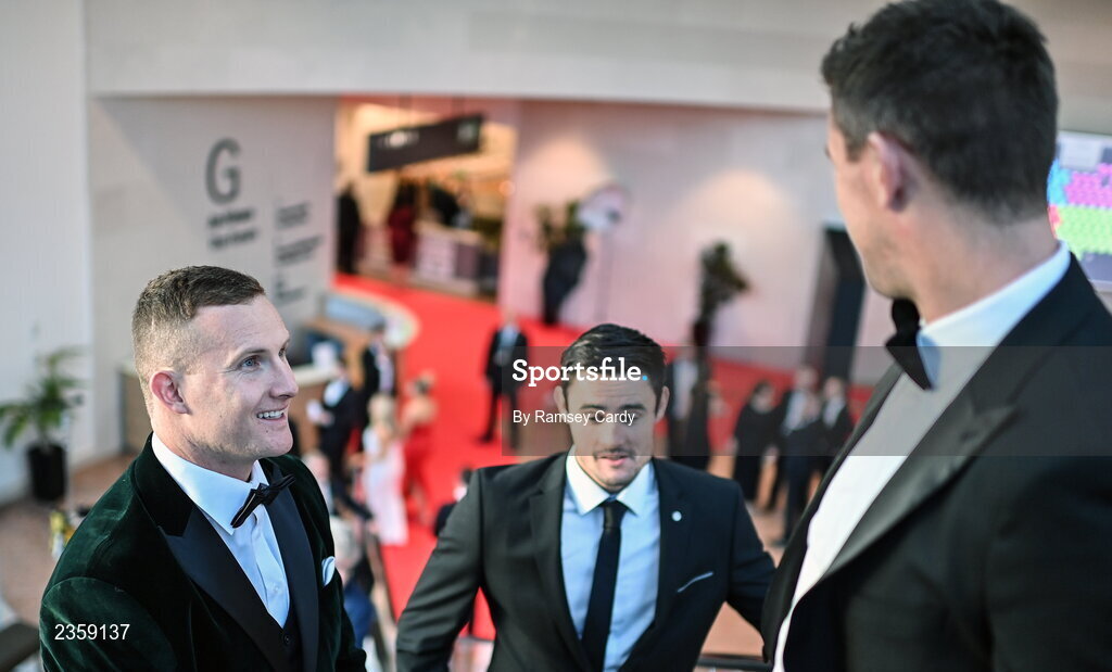 28 October 2022; Ciarán Kilkenny of Dublin, left, and Chrissy McKaigue of Derry, arrive for the PwC All-Stars Awards 2022 show at the Convention Centre in Dublin. Photo by Ramsey Cardy/Sportsfile
