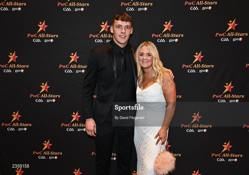 28 October 2022; David Clifford of Kerry and Shauna O'Connor on arrival at the PwC All-Stars Awards 2022 at the Convention Centre in Dublin. Photo by David Fitzgerald/Sportsfile