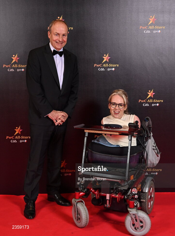 28 October 2022; An Taoiseach Micheál Martin TD and Joanne O'Riordan on arrival at the PwC All-Stars Awards 2022 at the Convention Centre in Dublin. Photo by Brendan Moran/Sportsfile