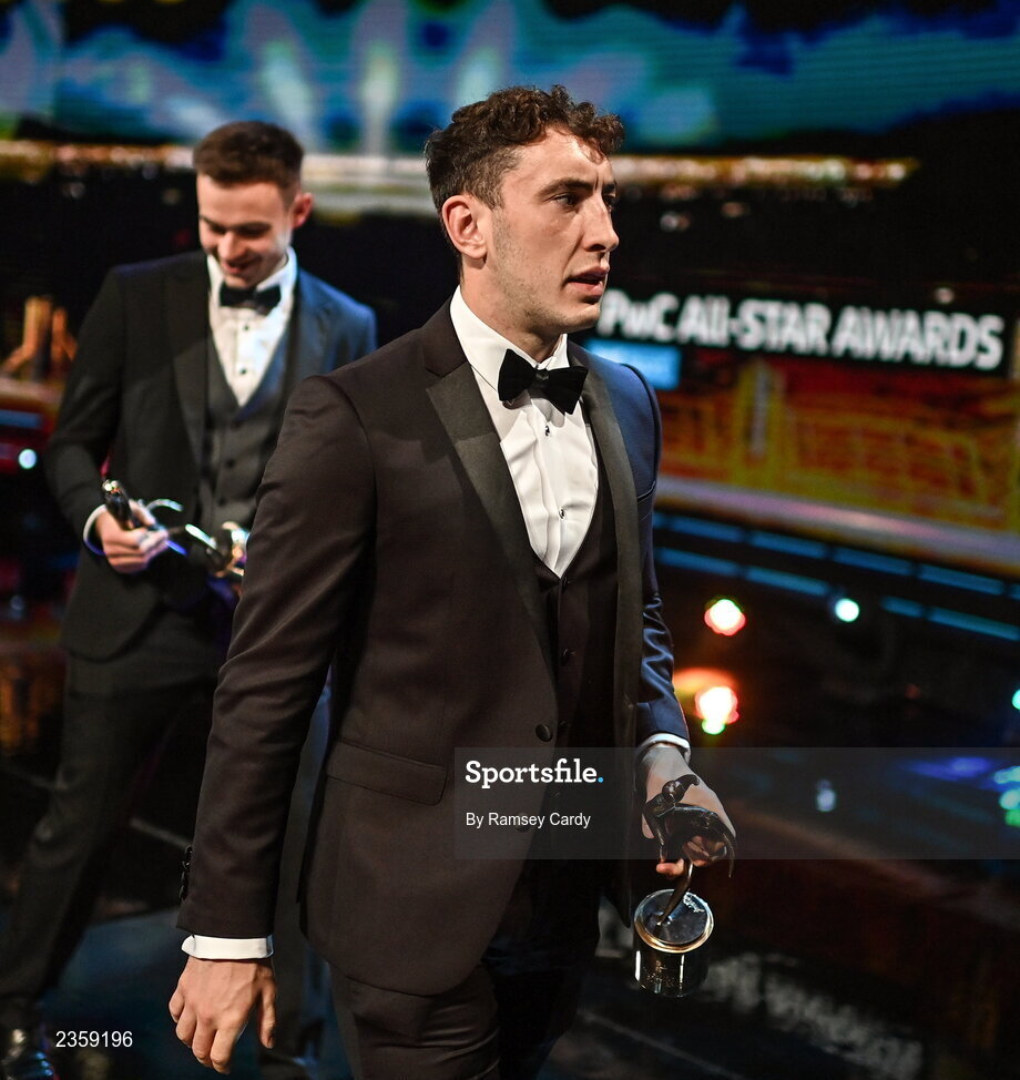 28 October 2022; Paudie Clifford of Kerry with his PwC All-Star award during the PwC All-Stars Awards 2022 show at the Convention Centre in Dublin. Photo by Ramsey Cardy/Sportsfile