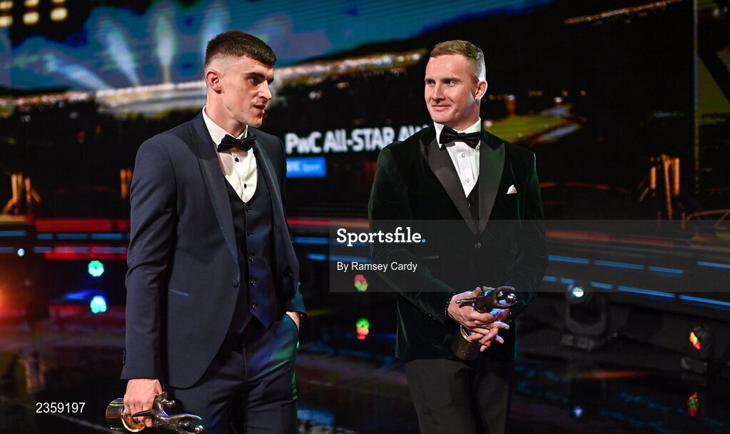 28 October 2022; Sean O’Shea of Kerry, left, and Ciarán Kilkenny of Dublin with their PwC All-Star awards during the PwC All-Stars Awards 2022 show at the Convention Centre in Dublin. Photo by Ramsey Cardy/Sportsfile