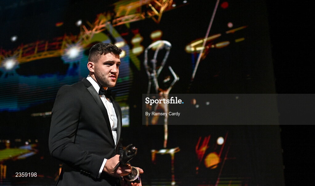 28 October 2022; Damien Comer of Galway with his PwC All-Star award during the PwC All-Stars Awards 2022 show at the Convention Centre in Dublin. Photo by Ramsey Cardy/Sportsfile