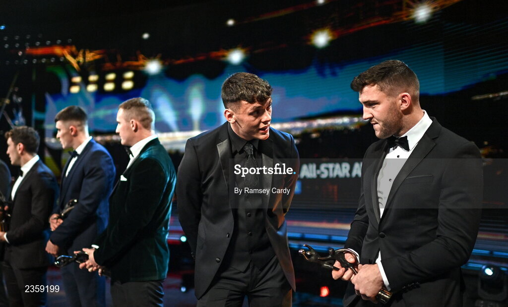 28 October 2022; David Clifford of Kerry, left, and Damien Comer of Galway with their PwC All-Star awards during the PwC All-Stars Awards 2022 show at the Convention Centre in Dublin. Photo by Ramsey Cardy/Sportsfile