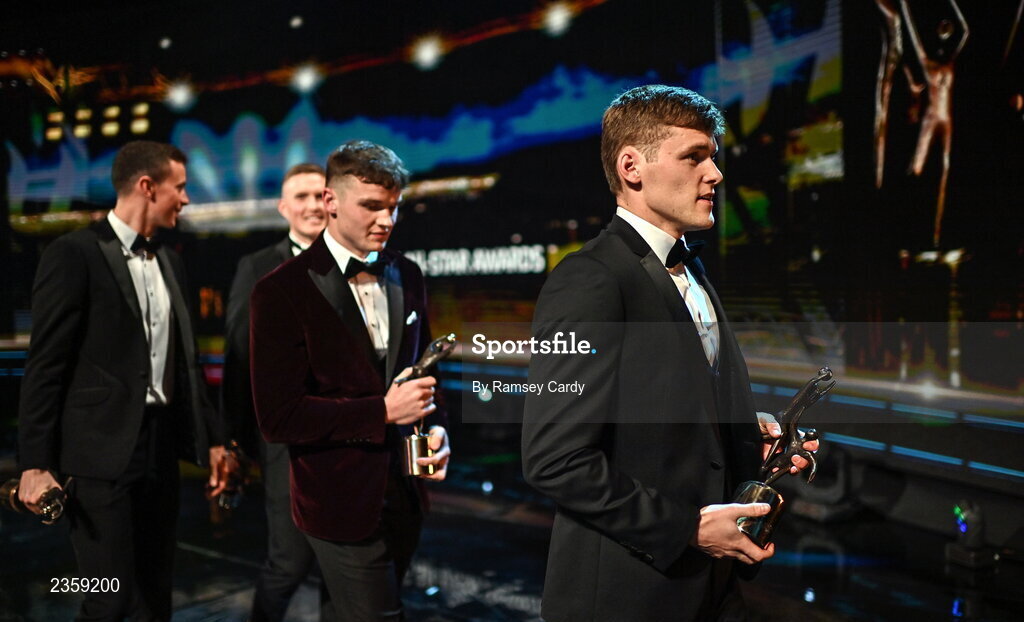 28 October 2022; Gavin White of Kerry with his PwC All-Star award during the PwC All-Stars Awards 2022 show at the Convention Centre in Dublin. Photo by Ramsey Cardy/Sportsfile