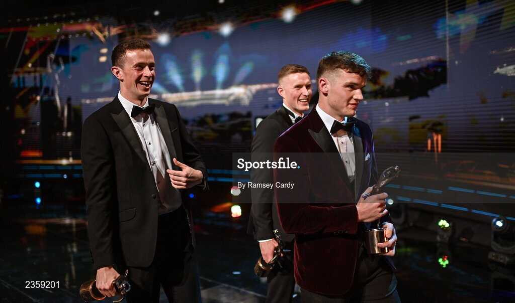 28 October 2022; Footballers, from left, Shane Ryan of Kerry, Jason Foley of Kerry and John Daly of Galway with their PwC All-Star awards during the PwC All-Stars Awards 2022 show at the Convention Centre in Dublin. Photo by Ramsey Cardy/Sportsfile