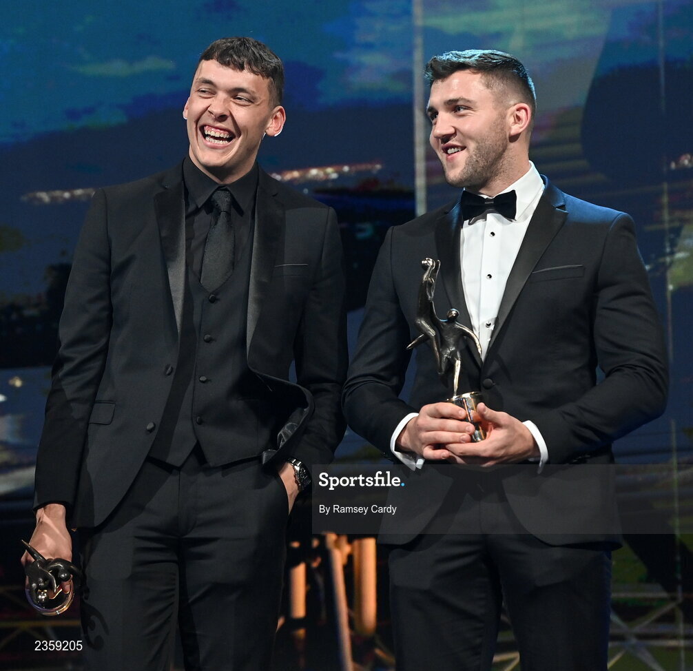 28 October 2022; David Clifford of Kerry, left, and Damien Comer of Galway with their PwC All-Star awards during the PwC All-Stars Awards 2022 show at the Convention Centre in Dublin. Photo by Ramsey Cardy/Sportsfile