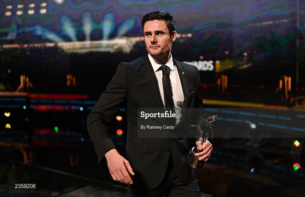 28 October 2022; Chrissy McKaigue of Derry with his PwC All-Star award during the PwC All-Stars Awards 2022 show at the Convention Centre in Dublin. Photo by Ramsey Cardy/Sportsfile