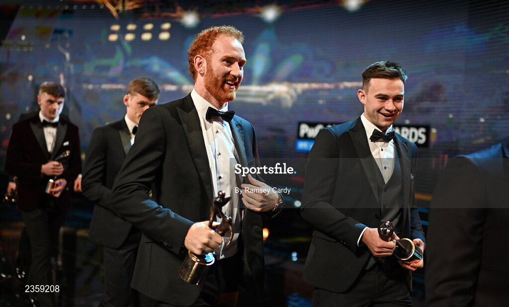 28 October 2022; Conor Glass of Derry, left, and Cillian McDaid of Galway with their PwC All-Star awards during the PwC All-Stars Awards 2022 show at the Convention Centre in Dublin. Photo by Ramsey Cardy/Sportsfile