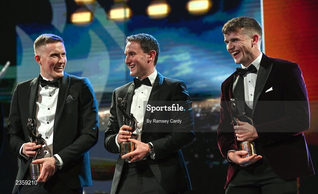 28 October 2022; PwC Football All-Star Award winners, from left, Jason Foley of Kerry, Tadhg Morley of Kerry and John Daly of Galway during the PwC All-Stars Awards 2022 show at the Convention Centre in Dublin. Photo by Ramsey Cardy/Sportsfile