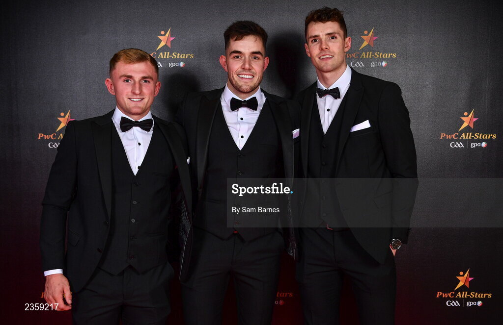 28 October 2022; Kilkenny players, from left, Mikey Butler, Paddy Deegan, and Huw Lawlor on arrival at the PwC All-Stars Awards 2022 at the Convention Centre in Dublin. Photo by Sam Barnes/Sportsfile