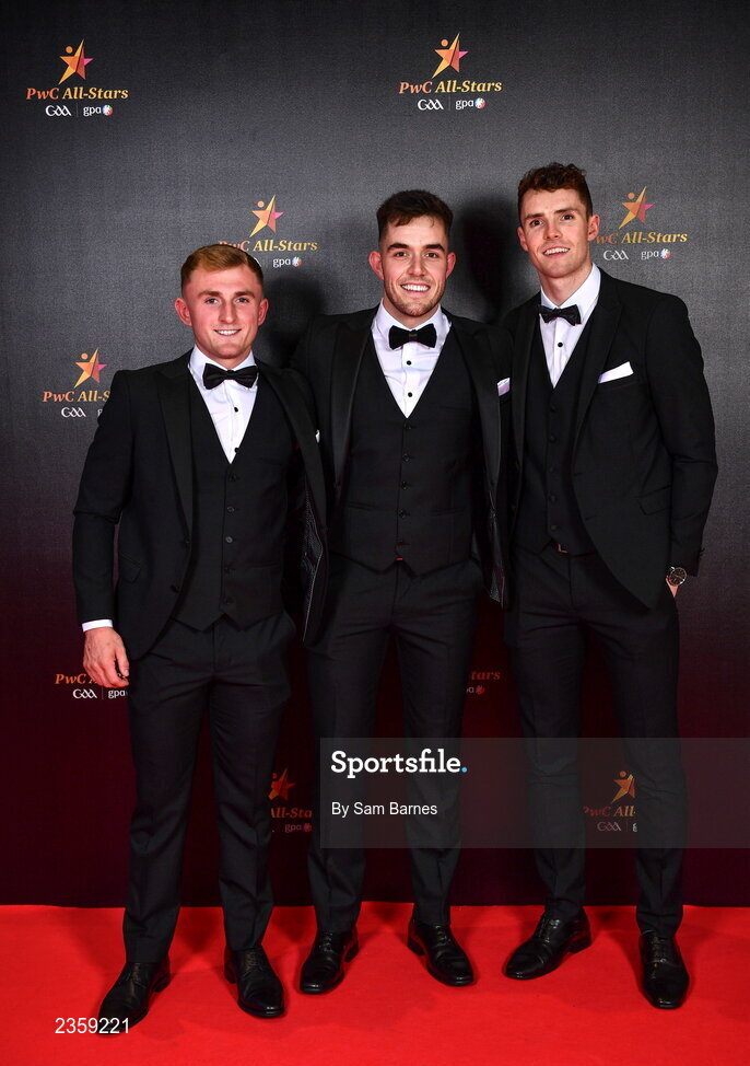 28 October 2022; Kilkenny players, from left, Mikey Butler, Paddy Deegan, and Huw Lawlor on arrival at the PwC All-Stars Awards 2022 at the Convention Centre in Dublin. Photo by Sam Barnes/Sportsfile