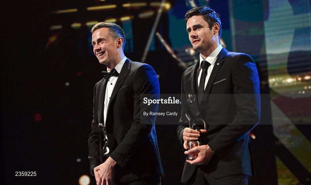 28 October 2022; Shane Ryan of Kerry, left, and Chrissy McKaigue of Derry with their PwC All-Star awards during the PwC All-Stars Awards 2022 show at the Convention Centre in Dublin. Photo by Ramsey Cardy/Sportsfile