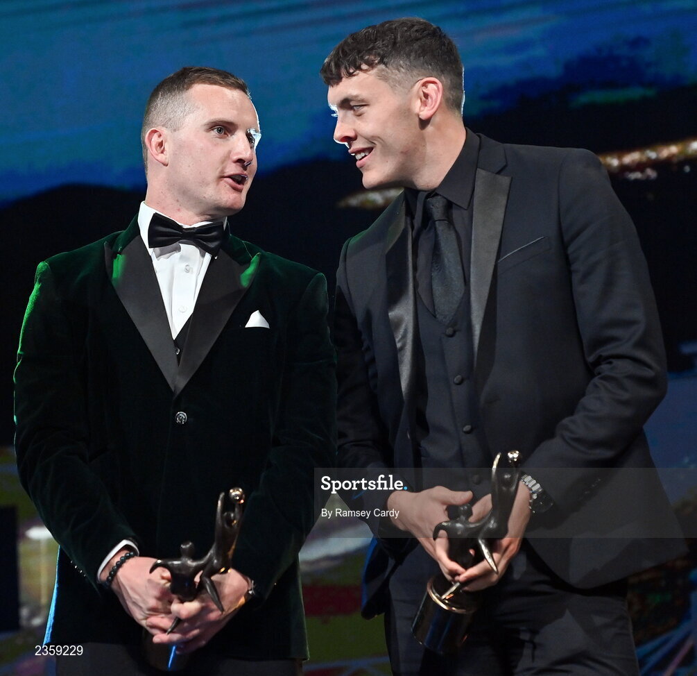 28 October 2022; Ciarán Kilkenny of Dublin, left, and David Clifford of Kerry with their PwC All-Star awards during the PwC All-Stars Awards 2022 show at the Convention Centre in Dublin. Photo by Ramsey Cardy/Sportsfile
