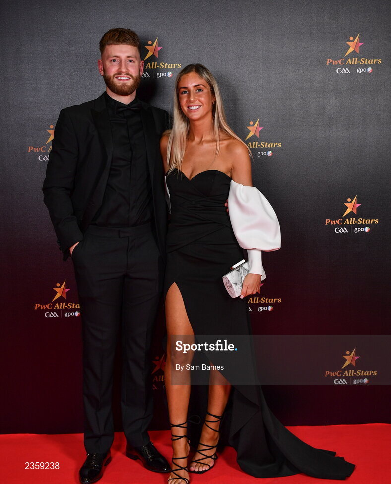 28 October 2022; Séamus Flanagan of Limerick and Laura Carey Flanagan on arrival at the PwC All-Stars Awards 2022 at the Convention Centre in Dublin. Photo by Sam Barnes/Sportsfile