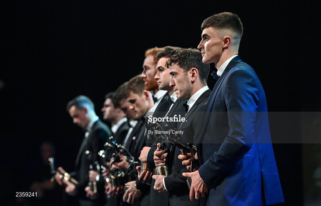 28 October 2022; Sean O’Shea of Kerry with his PwC All-Star award during the PwC All-Stars Awards 2022 show at the Convention Centre in Dublin. Photo by Ramsey Cardy/Sportsfile