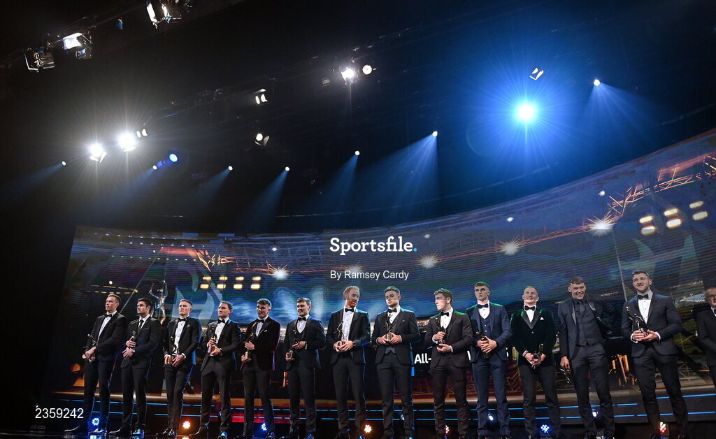 28 October 2022; The football team of the year on stage during the PwC All-Stars Awards 2022 show at the Convention Centre in Dublin. Photo by Ramsey Cardy/Sportsfile