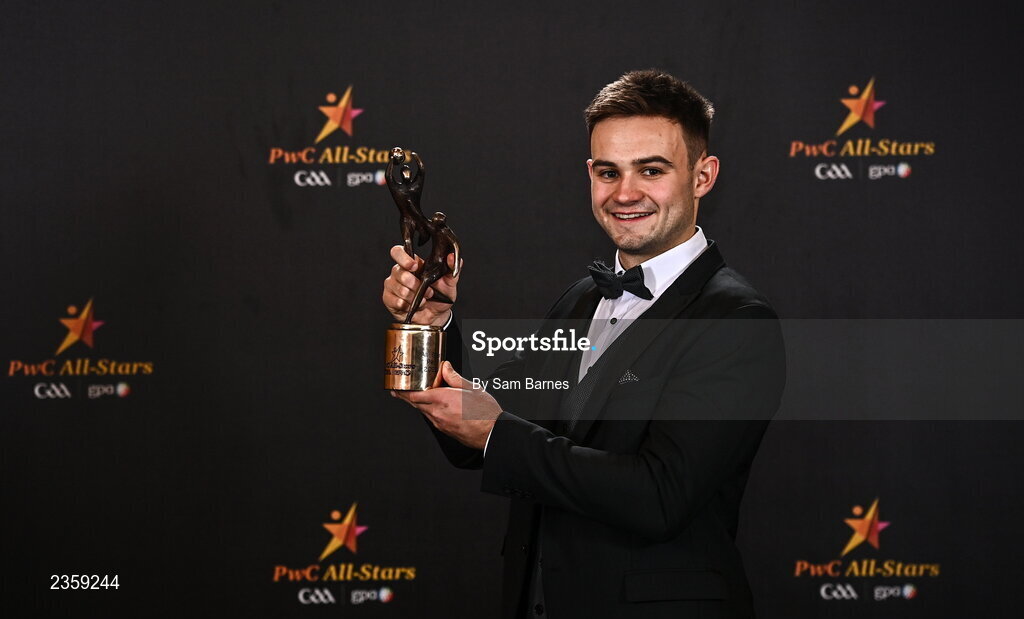 28 October 2022; Cillian McDaid of Galway with his PwC All Star award at the PwC All-Stars Awards 2022 at the Convention Centre in Dublin. Photo by Sam Barnes/Sportsfile