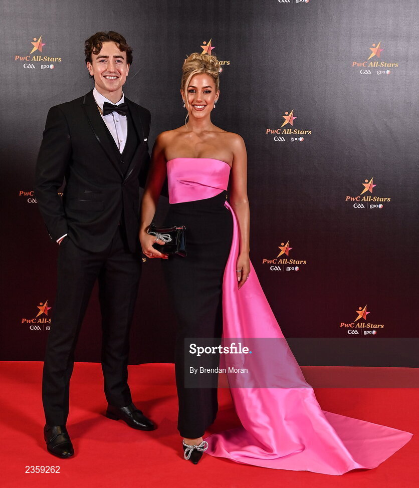 28 October 2022; Cian Sheehan of Limerick and Sarah Rose Mulvihill on arrival at the PwC All-Stars Awards 2022 at the Convention Centre in Dublin. Photo by Brendan Moran/Sportsfile