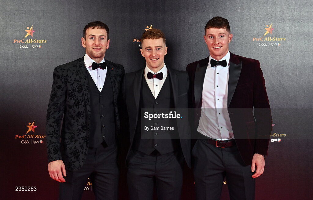 28 October 2022; Galway players, left to right, Pádraic Mannion, Tom Monaghan, and Cathal Mannion on arrival at the PwC All-Stars Awards 2022 at the Convention Centre in Dublin. Photo by Sam Barnes/Sportsfile