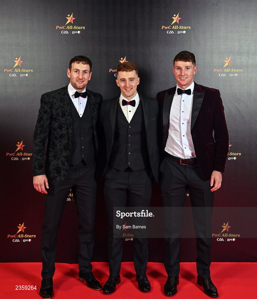 28 October 2022; Galway players, left to right, Pádraic Mannion, Tom Monaghan, and Cathal Mannion on arrival at the PwC All-Stars Awards 2022 at the Convention Centre in Dublin. Photo by Sam Barnes/Sportsfile