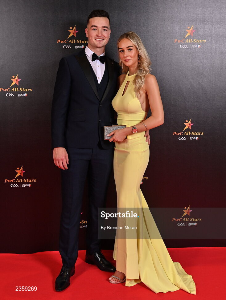 28 October 2022; Kyle Hayes of Limerick and Claire Fitzgerald on arrival at the PwC All-Stars Awards 2022 at the Convention Centre in Dublin. Photo by Brendan Moran/Sportsfile