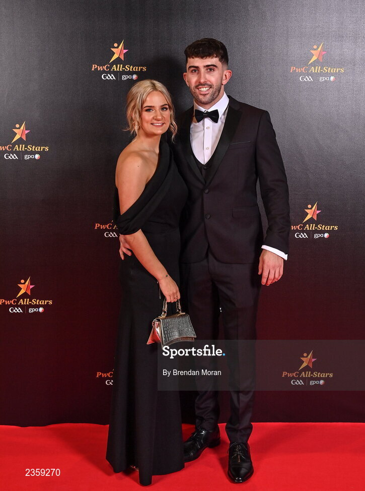 28 October 2022; Aaron Gillane of Limerick and Róisín Ambrose on arrival at the PwC All-Stars Awards 2022 at the Convention Centre in Dublin. Photo by Brendan Moran/Sportsfile