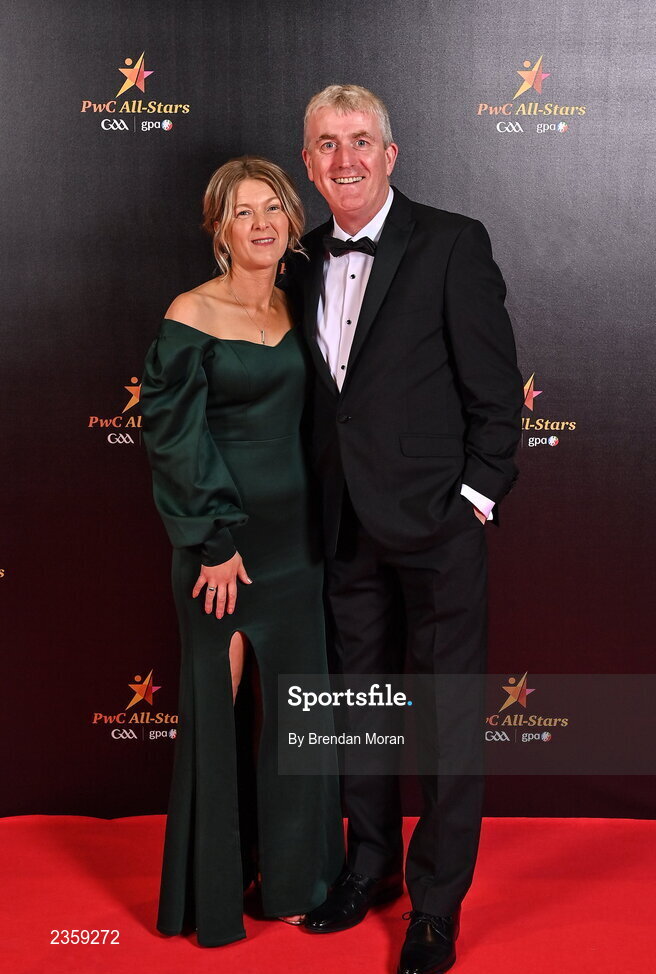 28 October 2022; Limerick manager John Kiely and Louise Hardiman on arrival at the PwC All-Stars Awards 2022 at the Convention Centre in Dublin. Photo by Brendan Moran/Sportsfile